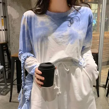 Tie-dye Blue Sky Tlač Ženy Tričko Dlhý Rukáv O-krku Elegantné Voľné Tee Top Žena Harajuku Krátke tričko
