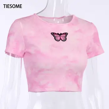 TIESOME Roztomilý Motýľ T-shirt Ženy Ružovú Kravatu farbivo Topy Tee Sexy Štíhla Krátky Top Pre Ženy 2020 Lete Harajuku Tee Košele