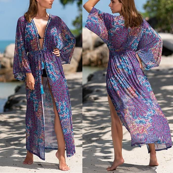 Tlač zakryť Quick-dry Boho Šaty Pláži Kaftan 2021 Župan Plage Plavky zakryť Dovolenku Kimono Ženy Maxi Šaty, Sexy Sarong