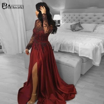 Tmavo Červené Plus Veľkosť Večerné Šaty vestidos de fiesta Ilúziu, Dlhý Rukáv Lištovanie Čipky Rozrezal Nohu Večerné Šaty Formálne Šaty