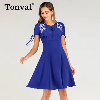 Tonval Vintage Kravatu Prednej Kvetinový Vyšívané Ruched Elegantné Party Swing Šaty Žien 2020 Lete O-Krku Modrá Bežné Linky Šaty
