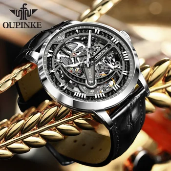Top Značky OUPINKE Luxusné pánske Mechanické Náramkové hodinky Automatické Hodinky Mužov Klasické Kostra Kožené Nepremokavé Sapphire