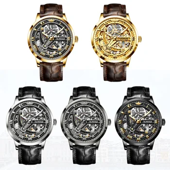 Top Značky OUPINKE Luxusné pánske Mechanické Náramkové hodinky Automatické Hodinky Mužov Klasické Kostra Kožené Nepremokavé Sapphire