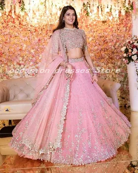 Tradičné Dva Kusy Ružové Svadobné Šaty s Zábal Čipky Korálkové Online Nakupovanie Indian Svadobné Šaty vestido de noiva 2021