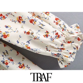 TRAF Ženy Elegantný Módy Kvetinový Tlač Smocked Midi Šaty Vintage Námestie Golier Dlhý Rukáv Strane Pozdĺžneho Ženské Šaty