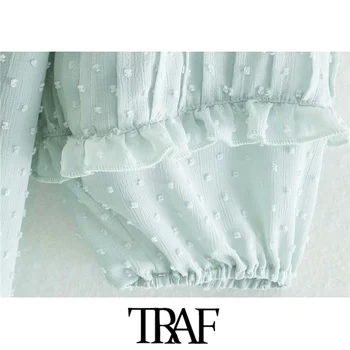 TRAF Ženy Elegantný Módy Rozstrapatené Bodkované Sieťované Mini Šaty Vintage O Krk Dlhý Rukáv Ženské Šaty Vestidos Mujer