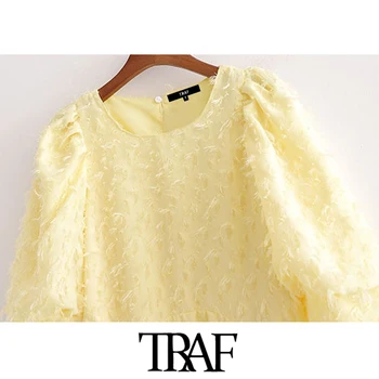 TRAF Ženy Elegantný Módy S Strapec Midi Šaty Vintage O Krk Lístkového Rukávy Ženské Šaty Vestidos Mujer