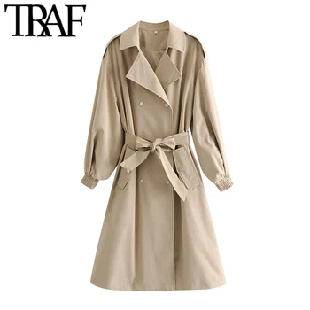 TRAF Ženy Móda Pás S Dvojitým Breasted Zákopy Srsti Vintage Dlhý Rukáv Vrecká Žena vrchné oblečenie Elegantný Kabát