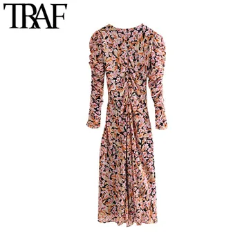 TRAF Ženy Vintage Elegantný Kvetinový Tlač Prehodil Maxi Šaty Módne O Krk Dlhý Rukáv Späť na Zips Ženské Šaty Vestidos Mujer