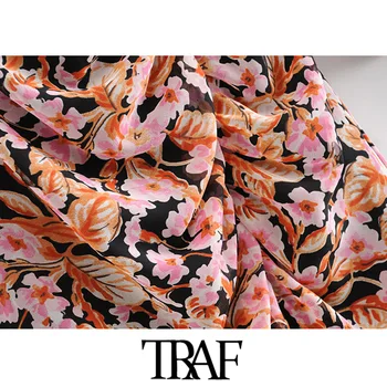 TRAF Ženy Vintage Elegantný Kvetinový Tlač Prehodil Maxi Šaty Módne O Krk Dlhý Rukáv Späť na Zips Ženské Šaty Vestidos Mujer