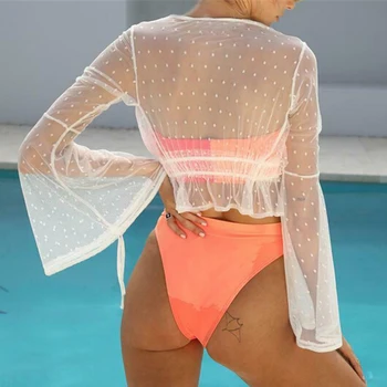 Transparentné bikini 2020 Sexy pláž nosiť Dlhý rukáv Gossamer plavky žena cover-ups String obväz pláži top Plus veľkosť XL nové
