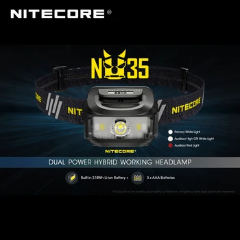 Triple Svetelné Zdroje NITECORE NU35 Nabíjateľná Dual Power Hybrid Pracovný Svetlomet vstavaná Li-ion Batéria
