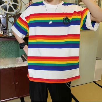 Tričko harajuku Leto-Krátke Rukávy Muž Rainbow Prúžok Pár Polovičný Rukáv Košele t shirt harajuku t shirt zábavné mužov