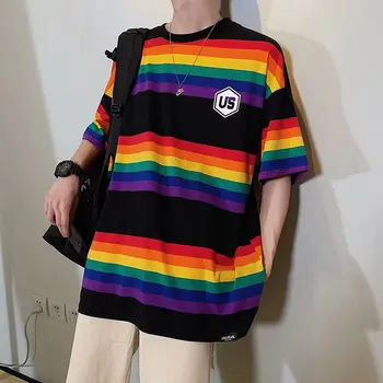 Tričko harajuku Leto-Krátke Rukávy Muž Rainbow Prúžok Pár Polovičný Rukáv Košele t shirt harajuku t shirt zábavné mužov
