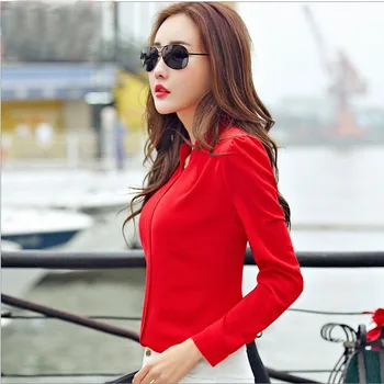Tričko S Dlhým Rukávom Ženy Jeseň Oblečenie Móda Slim Šifón Blúzka V Krku Kórejský Elegantné Dámy Office Košele Biela Červená