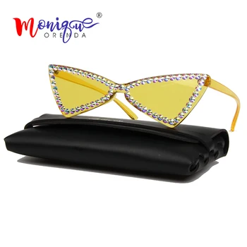 Trojuholník 2019 Cat Eye slnečné Okuliare Ženy bez obrúčok Vintage Drahokamu slnečné Okuliare Ružová Žltá Módne Odtiene pre ženy