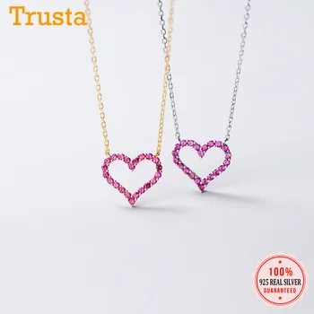 Trusta Autentické 925 Sterling Silver krásne Romantické Srdce Ružové Trblietajúce CZ Náhrdelník Prívesok Pre Ženy, Striebro 925 Šperky DA858