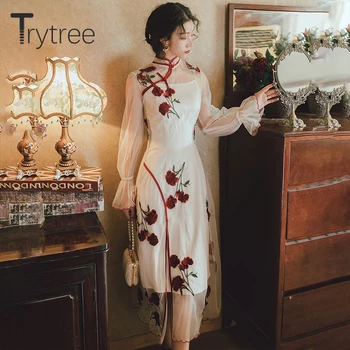 Trytree 2020 Jar Dva dielna sada Bežné Pevné Dlhá Vesta + Oka Šaty Cheongsam Rose Výšivky Split Lem Set 2 Dielna Sada