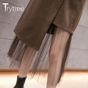 Trytree 2020 Jeseň Zima Bežné Ženy Sukne Pás Vrecká Zmesi Tweed Patchwork Oka Nepravidelný Lem Polovici Teľa Office Lady Sukne