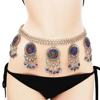 Turecko Sexy Dámy, Brušný Pás Reťazca Tribal Cigán Strieborná Farba Vyrezávané Kvet Indickej Crystal Beach Tanec Pás Boho Telo Šperky
