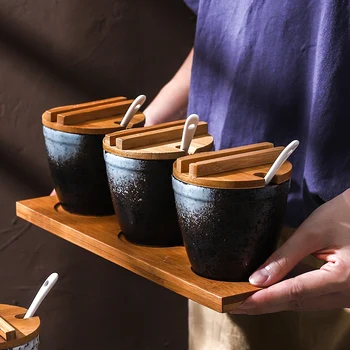 Tvorivé Keramické korenie jar s lyžicou kryt Japonský štýl korenie box na fľaše hotelovej reštaurácii olej, soľ, chilli hrniec domov WF1021