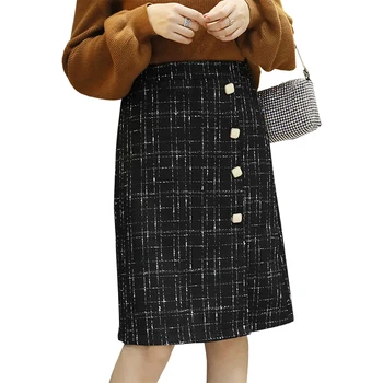 Tweed koberčeky sukne dámske 2019 jar jeseň vysoký pás Tlačidlo elegantné úrad práce midi sukne saia jupe falda