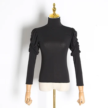 TWOTWINSTYLE Pevné Čierne Tričko Pre Ženy Turtleneck Lístkového Dlhý Rukáv Tunika Bežné Tričko Ženské Módne Oblečenie 2020 Jeseň