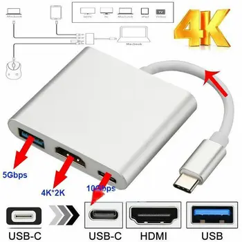 Typ C USB 3.1 na USB-C 4K HDMI, USB 3.0 Kábel Adaptéra 3 v 1 Rozbočovač Pre Macbook Pro