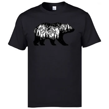 Túlavé topánky Medveď T-Shirt pre Mužov Mountain Forest Hill Noc Krajiny Medveď Tričko Bavlna Camiseta Modrá Dospelých Topy & Tees