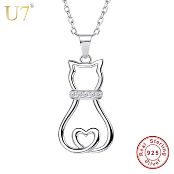U7 Autentické 925 Sterling Silver Mačka Náhrdelník Prívesok Krásne Roztomilej Zvierat CZ Ženy Módne Šperky Valentine Darček SC85