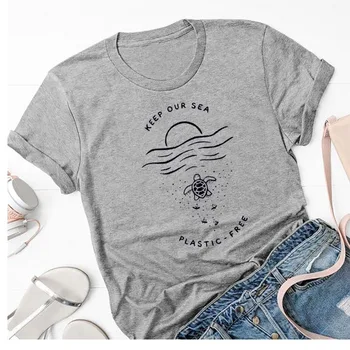 Udržať Naše More Plastové Voľný T-shirt Ženy Estetické Graphic Tee Chrániť životné Prostredie Bavlny s Krátkym Rukávom Letné Módne Tričko Topy