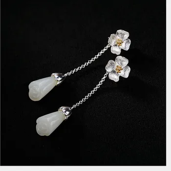 Uglyless Reálne 925 Sterling Silver Ručné Kvetinový Náušnice pre Ženy Prírodné Jade Magnolia Kvetinový Jemné Šperky, Drahokamy Brincos