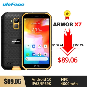 Ulefone Brnenie X7 Android 10 Robustné Vodotesné Smartphone 5.0-palcový 2 GB, 16 GB IP68/IP69K Quad-core 4000mAh NFC 4G LTE Mobilný Telefón