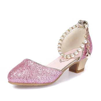 ULKNN Dievčatá Sandály 2020 nový pearl topánky detí, vysoké podpätky študent tanečné topánky výkon topánky veľkosť 28-38 Pink White