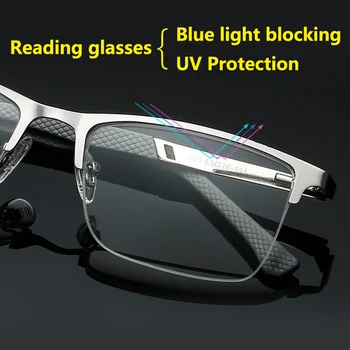 Ultra Ľahké UV Ochranu Počítača Okuliare na Čítanie Mužov Presbyopia Anti-modré Svetlo Blokuje Kovové Pol Rám Striebornej 1.5 2.5