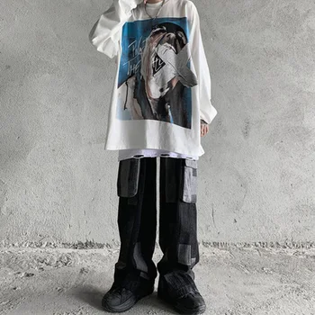 UNCLEDONJM AW20 Long-Sleeve T-shirt pánske Pulóvre BF Trend Voľné T-shirt anime tričko Hip Hop nadrozmerné t shirt MC-6001
