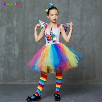 Unicorn Princess Kostým Dievčatá Rainbow Tutu Šaty Sada s Krídlami a Ponožky pre Deti Narodeniny Halloween Party Tylu Šaty
