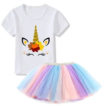 Unicorn Top +Rainbow Tutu Sukne 2 ks Dievča Oblečenie Sady Narodeniny plesové Šaty, Šaty Deti Tepláková súprava