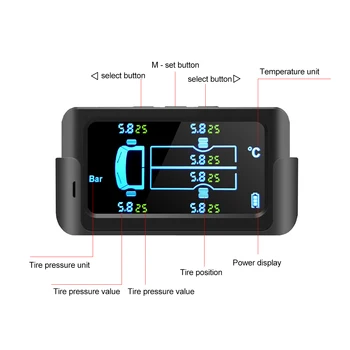 Univerzálny TPMS LCD Displej pre Auto, Pneumatiky, Systém Monitorovania Tlaku v Pneumatikách 6 Externých Snímačov USB TMPS 8.5 Bar IP67 Waterpro