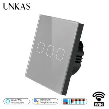 UNKAS Šedá Luxusné Krištáľové Sklo ewelink Smart Home 3 Gang 1 spôsob Bezdrôtového WiFi Normy EÚ Dotykový Spínač Wall Light Switch