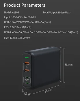 URVNS 4 Port 150W GaN USB C Napájací Adaptér Podporu PPS AFC FCP PD3.0 QC4.0 3.0 Rýchle Nabíjanie 100W PD USB-C Telefón, Notebook, Nabíjačka