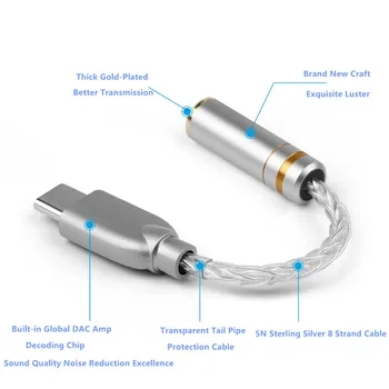 USB C Do 2,5 mm Kábel Typu C na 3,5 mm 4.4 mm Slúchadlá Čistého Striebra Drôt Typu C K 2.5/3.5/4.4 mm Konverzia Audio Káble 105mm