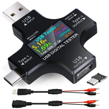 USB C Tester,2 v 1, Typ C, USB Tester Farba Sn IPS Digitálny Multimeter,Napätie,Prúd,Výkon,Odpor,Teplota,s Klip