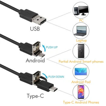 USB Typu C Endoskopu 3 V 1 3.9 mm Potrubia Borescope Mini Had Inšpekcie Fotoaparát Vodotesný Ip67 Rozsahu 6 Led PC Android Smartphone