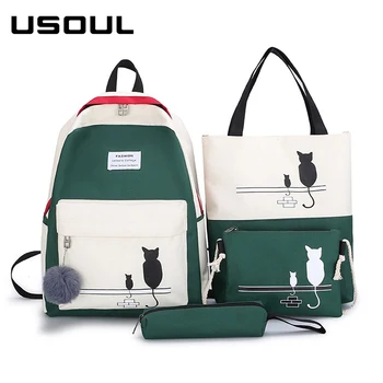 USOUL 4Pcs/Set Panelled Študentský Batoh Dámske Mačka Vzor Plátno Školské tašky Pre Dievčatá Patchwork Batohy Žena Tašky cez Rameno