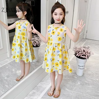 V lete roku 2020 kórejských Detí Dievča Šaty bez Rukávov Rozstrapatené Deti Oblečenie Ružová Žltá Zelená Bežné Šaty Dieťa Roztomilý A-line