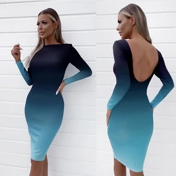 V lete roku 2020 nové šaty sexi podväzky slim tvaru gradient tlač dámske šaty módne okrúhlym výstrihom, dlhý rukáv šaty
