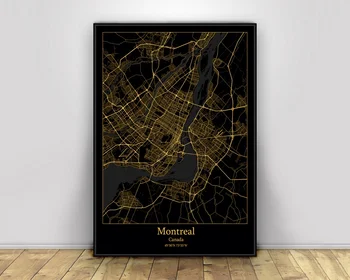 V Montreale V Kanade Black&Gold Mesto Svetlo Vlastné Mapy Sveta Mapa Mesta Plagáty Plátno, Vytlačí Nordic Štýl Wall Art Domova
