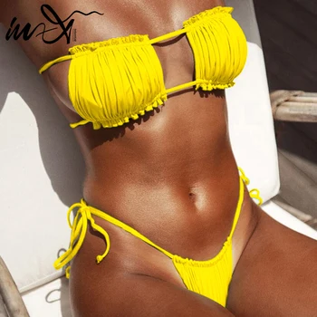 V-X Brazílsky micro bikini 2020 žena kúpajúcich žltá string plavky ženy Bandeau plavky Sexy plavky bez Ramienok plávať