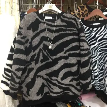 V Zime Teplé Fleece Zebra Pulóvre Kórejský Štýl Harajuku Ženy Ovčej Vlny Voľné Zrastov Jumper Nadrozmerná Hrubý Kabát